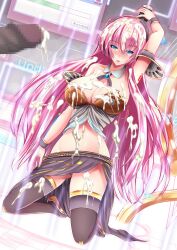 armband big_breasts blue_eyes blue_nails blush cum cum_on_breasts cum_on_hair edit headphones megurine_luka microphone penis pink_hair thick_cum very_long_hair vocaloid vocaloid_4