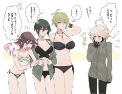 1robot 4girls big_breasts bikini danganronpa danganronpa_v3 embarrassed green_eyes green_hair hoodie japanese_text kiibo medium_breasts multiple_girls new_danganronpa_v3 ouma_kokichi pale_skin purple_eyes purple_hair rantaro_amami rule_63 saihara_shuuichi short_hair small_breasts straight_hair swimsuit white_hair yellow_eyes