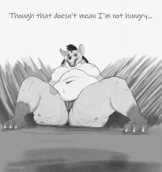 anthro big_breasts breasts disney eostex female genitals hi_res overweight overweight_female pudgy_belly pussy shenzi sitting smile smiling_at_viewer solo spread_legs spreading the_lion_king thick_thighs