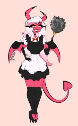 black_gloves black_lips black_lipstick demon demon_horns demon_tail demon_wings heart_tail heels helluva_boss lipstick long_gloves long_hair maid maid_uniform pink_skin red_ribbon solo succubus succucrazy verosika_mayday_(helluva_boss) white_hair