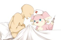 2414 ambiguous_gender anthro audino bed_sheet bedding blue_eyes blush clothing duo erection erection_under_blanket faceless_character faceless_human hat headgear headwear hi_res human male mammal morning_wood nintendo nude nurse_clothing nurse_hat nurse_headwear pillow pink_body pokémon_(species) pokemon simple_background syringe tan_body video_games white_background