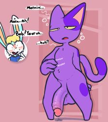 animal_crossing anthro balls belly big_penis bob_(animal_crossing) bodily_fluids domestic_cat duo felid feline felis flustered fur genital_fluids genitals half-erect hi_res humanoid_genitalia humanoid_penis lagomorph leporid male male_only mammal nintendo nude penis precum purple_body purple_fur rabbit rabblet sasha_(animal_crossing) simple_background sweat sweaty_genitalia text video_games