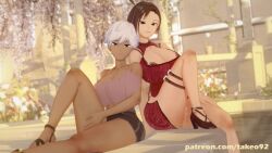 2girls 3d ada_wong ada_wong_(caroline_ribeiro) black_hair brown_eyes chinese_clothes cleavage curvaceous curvy dark-skinned_female female female_only green_eyes huge_breasts koikatsu large_breasts leaning_on_person leg_up looking_at_viewer original original_character patreon pinup pinup_pose resident_evil resident_evil_4 revealing_clothes short_hair sitting sitting_on_floor skimpy skimpy_clothes spring takeo92 text thick thick_ass thick_thighs tight_clothing topwear white_hair wide_hips yara_(takeo92)