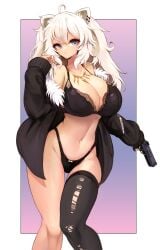 1girls 2022 2d 2d_(artwork) ahoge animal_ears bangs bare_shoulders black_bra black_jacket black_legwear black_panties bra breasts cleavage closed_mouth collarbone copyright_name ear_piercing female female_focus female_only fur-trimmed_jacket fur_trim grey_eyes groin gun hair_between_eyes hand_up handgun highleg highleg_panties highres holding holding_gun holding_weapon hololive hololive_gen_5 hololive_japan jacket jewelry lace-trimmed_bra lace_trim large_breasts light-skinned_female light_skin lion_ears lion_girl long_hair long_sleeves looking_at_viewer navel necklace notte_(artist) open_clothes open_jacket pale-skinned_female pale_skin panties piercing pistol shishiro_botan sidelocks simple_background single_thighhigh sleeves_past_wrists solo solo_female standing stomach thigh_gap thighhighs torn_clothes torn_legwear two_side_up underwear virtual_youtuber weapon white_border white_hair