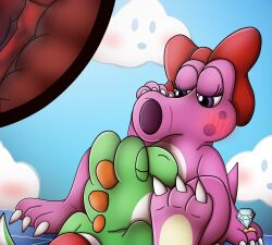 ambiguous_gender anthro anthro_on_anthro birdo blush bodily_fluids bow_only cloud cunnilingus detailed_background dinosaur duo duo_focus female female/ambiguous group hi_res internal looking_pleasured mario_(series) nintendo nude oral outside penile reptile ring scalie sex sitting sky umbry00 vaginal_penetration video_games voyeur yoshi yoshi_(character)