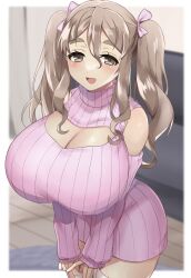 alternate_costume alternate_hairstyle breasts brown_eyes center_opening cleavage_cutout clothing_cutout cowboy_shot dress female grey_hair hair_between_eyes highres huge_breasts kantai_collection keyhole_turtleneck looking_at_viewer meme_attire open-chest_sweater pola_(kantai_collection) ribbed_sweater solo sweater sweater_dress thick_eyebrows toriniku_senshi_chikinman turtleneck twintails wavy_hair