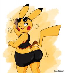 :3 anthro anthrofied ass ass_cleavage big_booty_pikachu big_butt butt_crack clothed clothing fur furry furry_only joaoppereiraus looking_back male male_only nintendo one_eye_closed pikachu pokémon_(species) pokemon shorts_around_leg solo tail tongue