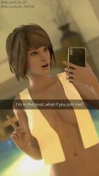 1girls 3d 3d_(artwork) big_breasts blender_(software) blue_eyes brown_hair casual electronics female female_only human life_is_strange max_caulfield nude nude_female pale_skin pool public ruru3dx selfie snapchat solo