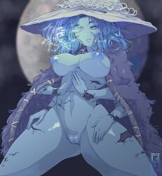 1girls 4_arms big_breasts blue_eyes blue_hair blue_skin breasts cracked_skin elden_ring fromsoftware fur_cape hat heart-shaped_pupils looking_at_viewer multi_arm multi_face multi_limb nipples nude partially_clothed pussy ranni_the_witch rilima_h solo standing tongue_out wires witch witch_hat