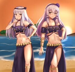 2girls absurdres age_progression alternate_costume beach bikini black_bikini breasts closed_mouth eyebrows_visible_through_hair female female_only fire_emblem fire_emblem:_three_houses hair_ornament highres long_hair looking_at_viewer lysithea_von_ordelia multiple_girls nintendo ocean open_mouth pink_eyes sarong small_breasts smile swimsuit very_long_hair white_hair yuuki_aoi zipperqr