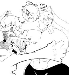 1boy abs black_and_white body_swap cassie_(theycallhimcake) covering_breasts embarrassed female groping_breasts holding_breast huge_breasts long_hair monochrome monster_boy onat onatart original_character sharp_teeth taller_female taller_girl text text_bubble topless_female yelling