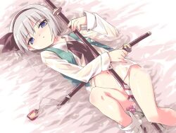 1girls 4:3_aspect_ratio bed blue_eyes blush bottomless female female_only flower grey_hair holding holding_sword holding_weapon katana long_sleeves lying navel nopan on_back petenshi_(dr._vermilion) scabbard sheathed short_hair solo sword touhou water weapon wet wet_clothes youmu_konpaku