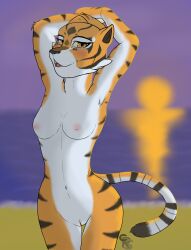 anthro blush breasts c-r-s digital_media_(artwork) dreamworks felid female fur furry furry_only genitals hi_res kung_fu_panda looking_at_viewer mammal master_tigress naked nipples nude open_mouth outside pantherine pussy sea seaside simple_background sky smile solo sunset tail tiger water