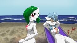 2021 absurd_res alyx_(cobra0281) beach beach_chair blue_hair blush blush_lines breasts detailed_background duo eyewear female gardevoir ghostth39 green_hair hair hair_over_eye hands_behind_head hi_res humanoid looking_at_viewer medium_breasts navel nintendo nipples not_furry nude nudist nudist_beach one_eye_obstructed pokémon_(species) pokemon pokemon_(species) red_eyes ruby_(ghostth39) seaside shiny_pokemon smile sunbathing sunglasses video_games