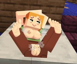 alex_(minecraft) arms_behind_head barefoot bed cube_head cubic_body feet female gutter_kirby minecraft presenting pubic_hair pubic_stubble pussy square_head steam sweat sweaty_armpits