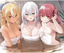 3girls :d :q alternate_version_available bangs blonde_hair blue_bow bow breasts brown_eyes cleavage collarbone dark-skinned_female dark_skin eyebrows_visible_through_hair female female_focus female_only green_eyes hair_between_eyes hairbow heterochromia hololive hololive_fantasy hololive_japan hot_spring houshou_marine large_breasts looking_at_viewer mole mole_on_breast mou_tama_maru multicolored_hair multiple_girls naked_towel onsen open_mouth pointy_ears ponytail red_eyes red_hair shiranui_flare shirogane_noel smile streaked_hair tongue tongue_out towel trio trio_focus twintails two-tone_hair virtual_youtuber water white_hair yellow_eyes