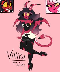 black_hair demon demon_girl demon_horns demon_tail demon_wings fusion heels helluva_boss imp leggings legwear lipstick long_hair millie_(helluva_boss) pink_skin ripped_clothing succubus succucrazy verosika_mayday_(helluva_boss) wings