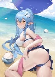 1girls 2022 absurdres ahoge ass bangs beach bikini bikini_skirt bird blue_bikini blue_hair blue_nails blue_sky blush breasts closed_mouth cloud daifuku_(yukihana_lamy) day female female_focus female_only flower hair_between_eyes hair_flower hair_ornament heart_ahoge highres hololive hololive_gen_5 hololive_japan jmao large_breasts long_hair looking_at_viewer looking_back lying ocean on_side outdoors pointy_ears ponytail sand shy sky solo solo_female swimsuit thighs virtual_youtuber water wet white_flower yellow_eyes yukihana_lamy