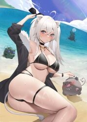 1girls 2022 2d 2d_(artwork) :/ absurdres ahoge animal_ears armpits ass bangs beach bikini bird black_choker black_jacket black_nails blue_sky blush breasts choker cleavage closed_mouth cloud ear_piercing explosion eyebrows_visible_through_hair eyewear_removed fan_mascot_(vtuber) female female_focus female_only fur-trimmed_jacket fur_trim giving_up_the_ghost gold grey_eyes hair_between_eyes hand_up highres holding holding_eyewear hololive hololive_gen_5 hololive_japan jacket jewelry jmao large_breasts light-skinned_female light_skin lion_ears lion_girl long_hair lying multi-strapped_bikini navel neck_ring ocean on_side pale-skinned_female pale_skin piercing shishiro_botan skindentation sky solo solo_female solo_focus ssrb stomach sunglasses sunglasses_removed swimsuit thigh_strap two_side_up underboob virtual_youtuber vtuber water wet wet_hair white_hair wristband