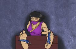 1girls 2d alexandero12 black_hair clone feathers feet female foot_fetish foot_focus hybrid mask mileena mortal_kombat netherrealm_studios ninja one_eye_closed orange_eyes sharp_nails solo solo_female stocker stocks tagme tarkatan tickling yellow_eyes