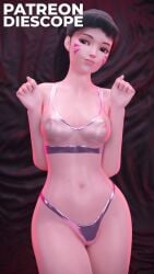 1girls 3d black_hair blender blizzard_entertainment blurry_background breasts brown_eyes clothed clothing d.va diescope female female_only hi_res latex latex_clothing light_skin looking_at_viewer overwatch pink_lipstick posing pussy pussy_peek smile solo solo_female standing thick_thighs transparent_clothing