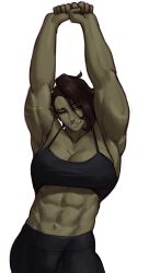 1girls 2d 2d_(artwork) abs absurd_res arms_up black_hair black_sclera fangs female female_only green-skinned_female green_skin looking_at_viewer muscles muscular muscular_female nami_edelweiss narrowed_eyes one_eye_closed orange_eyes orc orc_female scar scar_across_eye smiling smiling_at_viewer solo sotcho stretching tank_top white_background