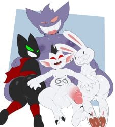 2022 2_toes 3_toes absurd_res anthro anthro_on_anthro ass backsack balls big_penis black_body black_claws black_eyes black_fur blue_background bodily_fluids border brown_pawpads butt_grab cartoon_network claws domestic_cat feet felid feline felis fur gengar genital_fluids genitals glans green_sclera grey_body grey_fur grey_markings grey_nipples grin group hair hand_on_butt hi_res huge_cock huge_thighs imp interspecies jerseydevil kensetsu_(zombie1) kneeling lagomorph larger_anthro larger_male leporid looking_at_another looking_at_viewer looking_back looking_down male male/male male_only mammal mao_mao:_heroes_of_pure_heart markings max_(sam_and_max) medial_ring moobs nintendo nipples overweight overweight_anthro overweight_male pawpads penis pink_glans pink_pawpads pink_penis pink_sclera pokémon_(species) pokemon precum purple_body purple_fur purple_hair rabbit red_cape sam_and_max sheriff_mao_mao_mao shoulder_grab simple_background sitting size_difference smile thick_thighs toes tongue tongue_out video_games white_balls white_body white_border white_fur white_penis