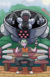 armor bandage big_breasts big_hands brendan_(pokemon) grey_skin headphones hiding huge_breasts large_breasts mask mecha_suit nintendo no_mouth nsft pokemon pokemon_rse red_eyes regi_trio registeel robot robot_girl robot_humanoid steel steel_body