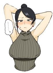 1girls absurdres armpits bijin_onna_joushi_takizawa-san black_hair breasts earrings female hair_bun highres jewelry large_breasts mole mole_under_mouth ribbed_sweater sfw sleeveless solo sweater takizawa takizawa_kyouko turtleneck white_background yanbaru