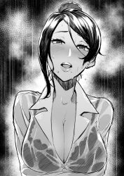 1girls arms_under_breasts bangs bijin_onna_joushi_takizawa-san black_hair blouse blush bra breasts cleavage collarbone collared_blouse collared_shirt earrings facing_viewer female female_only formal greyscale hair_bun jewelry lace lace_bra large_breasts looking_at_viewer milf mole mole_under_mouth monochrome office_lady open_mouth rain see-through shirt solo standing swept_bangs takizawa_kyouko tkhs underwear water_drop wet wet_clothes wet_hair