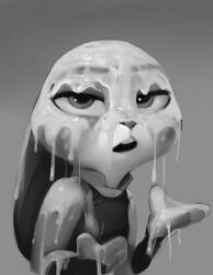 2022 anthro bodily_fluids clothing cum cum_covered cum_glaze cum_on_arm cum_on_face cum_on_hand cum_on_head disney excessive_cum female genital_fluids hi_res judy_hopps lagomorph leporid looking_at_viewer mammal messy monochrome qupostuv35 rabbit simple_background solo zootopia