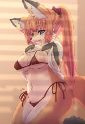 2022 absurd_res anthro bikini blep blue_eyes bodily_fluids breasts brown_body brown_fur canid canine clothed clothing clothing_lift cum cum_on_breasts female fox fur genital_fluids hair hi_res kemono looking_at_viewer mammal micro_bikini multicolored_body multicolored_fur nipple_outline orange_body orange_fur orange_hair racal_ra shirt shirt_lift solo swimwear t-shirt tongue tongue_out topwear white_body white_fur