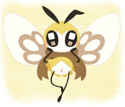 antennae_(anatomy) arthropod black_eyes blush bodily_fluids female feral genitals hi_res insect_wings insects looking_at_viewer multicolored_body nintendo pervoborb pokémon_(species) pokemon pussy ribombee scarf simple_background smile solo video_games wings