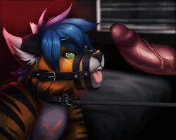 anthro bondage chivaran collar felid feline genitals hypnosis hypnotic_eyes male mammal mind_control muzzle_(object) pantherine penis solo tiger