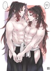 2boys black_hair blush brothers demon_slayer earrings facial_markings gay hakama hand_holding ichi0201 kimetsu_no_yaiba long_hair long_hair_male male male_only michikatsu_tsugikuni muscular muscular_male red_eyes spiky_hair sweatdrop topless topless_male twins very_long_hair yoriichi_tsugikuni