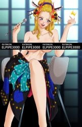 1girls black_maria blonde_hair blue_eyes breasts censor_bar censored censored_breasts cigarette_holder elpipe3000 female female_only giantess horn horns hourglass_figure huge_breasts one_piece topless topless_female wano_country