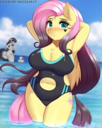 2girls ass big_breasts black_hair blue_eyes blush breasts fluttershy_(mlp) friendship_is_magic looking_at_viewer looking_back my_little_pony nude octavia_melody pink_hair pussy shaved_pussy slightly_chubby smile straight_hair thick_thighs twistedscarlett60 wide_hips wings