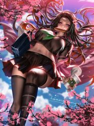 aged_up alternate_costume black_hair black_legwear black_thighhighs crop_top demon_slayer feet_out_of_frame female female_only fully_clothed hair_ribbon kamado_nezuko kimetsu_no_yaiba liang_xing long_hair looking_at_viewer low-angle_view object_in_mouth pink_eyes pleated_skirt product_placement realistic school_uniform schoolgirl serafuku solo starbucks thighhighs wide_hips