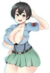 amber_eyes aoshidan_school_uniform black_hair blush cleavage huge_breasts military_uniform nipple_slip skirt unbuttoned_shirt vox_chan