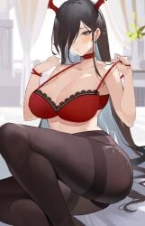 1girls 2022 absurdres alternate_costume azur_lane black_eyes black_hair black_legwear blush bra breasts breath choker curtains earrings feet_out_of_frame female female female_focus female_only friedrich_der_grosse_(azur_lane) gradient_eyes hair_over_one_eye heart heart-shaped_pupils heart_earrings highres horns jewelry lace-trimmed_bra lace_trim large_breasts long_hair multicolored_eyes no_pants pantyhose parted_lips red_bra red_choker red_horns sitting solo solo_female strap_gap symbol-shaped_pupils thighband_pantyhose underwear underwear_only very_long_hair wristband yellow_eyes yoyo_(550098)