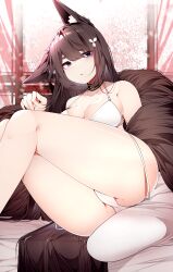 absurdres amagi_(azur_lane) animal_ear_fluff animal_ears ass azur_lane bangs bare_legs bare_shoulders black_hair blunt_bangs bra breasts choker cleavage collarbone female female flower grey_eyes hair_flower hair_ornament highres indoors long_hair looking_at_viewer lying medium_breasts on_back on_bed panties parted_lips samip solo teeth thighs underwear upper_teeth very_long_hair white_bra white_panties