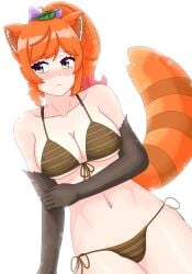 1girls ale_131 anime_onegai big_breasts bikini blush cleavage dengeki_onegai female female_only green_eyes hair_ornament latam_virtual_youtuber long_hair lowres orange_hair piercing ponytail racoon_girl sara_akari shy simple_background swimsuit tanuki_ears tanuki_girl tanuki_tail virtual_youtuber white_background