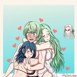 1boy 3girls alternate_costume angry astraplatina bikini black_swimsuit breasts byleth_(fire_emblem) byleth_(fire_emblem)_(female) byleth_(fire_emblem)_(male) closed_eyes dual_persona edelgard_von_hresvelg female fire_emblem fire_emblem:_three_houses fire_emblem_heroes group_hug hug hugging light_skin male male/female multiple_girls multiple_persona netorare nintendo official_alternate_costume open_mouth rhea_(fire_emblem) swimsuit white_bikini white_swimsuit