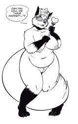 anthro belly big_breasts breasts canid canine chubby chubby_anthro chubby_female crown curvy_figure dialogue digitigrade eyewear female fox genitals glasses gloves_(marking) hi_res jamil_gonzalez leg_markings looking_at_viewer mammal markings monochrome nakhta navel nerd nipples nude overweight overweight_anthro overweight_female pussy shy socks_(marking) solo talking_to_viewer thick_thighs wand wide_hips