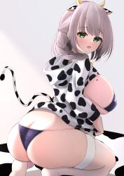 1girls 2022 absurdres animal_ears animal_print ass balut_(7676i) blush braid breasts cow_ears cow_horns cow_print cow_tail female female_focus female_only green_eyes highres hololive hololive_fantasy hololive_japan hood hoodie horns large_breasts long_hair looking_at_viewer mole mole_on_breast shirogane_noel shirt sideboob single_braid solo solo_female string_bikini tail thighhighs virtual_youtuber white_shirt