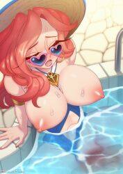 1boy 1girls big_breasts blue-tinted_eyewear blue_eyes blue_swimsuit blush blushing breasts_out earrings eyes_closed eyewear glasses gold_earrings hat heart-shaped_eyewear heart_glasses heart_sunglasses league_of_legends legs_apart looking_over_eyewear looking_over_glasses looking_over_sunglasses looking_pleasured male/female male_penetrating_female miss_fortune moaning mouth_open nipples one-piece_swimsuit patreon patreon_username penetration penis pink_sunglasses pleasure_face pool pool_party_miss_fortune pool_party_series red_hair redhead sex spread_legs strongbana sun_hat sunglasses swimsuit tinted_eyewear vaginal vaginal_penetration vaginal_sex water watermark wearing_glasses wet