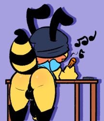 2020 anthro arthropod ass balls bee bent_over bent_over_table big_penis casual_exposure clothed clothing distracted genitals giovanni_(rabblet) hat headgear headwear hymenopteran insects male partially_clothed penis rabblet solo solo_focus yellow_body