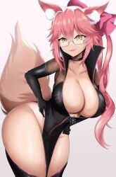 1girls 2022 black_bodysuit bodysuit breasts brown_fur fate/grand_order fate_(series) female female_only fluffy_ears fluffy_tail fox_ears fox_girl glasses hips huge_breasts kitsune koyanskaya_(assassin) koyanskaya_(assassin_first_ascension) koyanskaya_(fate) leaning_forward long_hair looking_at_viewer pink_hair scrapy_(artist) side_slit simple_background slim_waist thick_thighs thighs wide_hips yellow_eyes