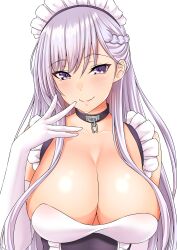 absurdres azur_lane belfast_(azur_lane) black_collar breasts broken broken_chain chains cleavage collar dress elbow_gloves eyebrows_visible_through_hair female female gachishizyou gloves highres large_breasts light_purple_eyes long_hair looking_at_viewer maid_headdress purple_eyes simple_background solo upper_body white_background white_dress