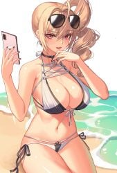 1girls 2022 2v_(joyeong) beach bikini blonde_hair breasts cellphone choker cleavage eyewear_on_head female female female_focus female_only highres kneeling large_breasts nail_polish navel open_mouth original phone ponytail red_eyes shiny shiny_skin solo solo_female sunglasses swimsuit thighs